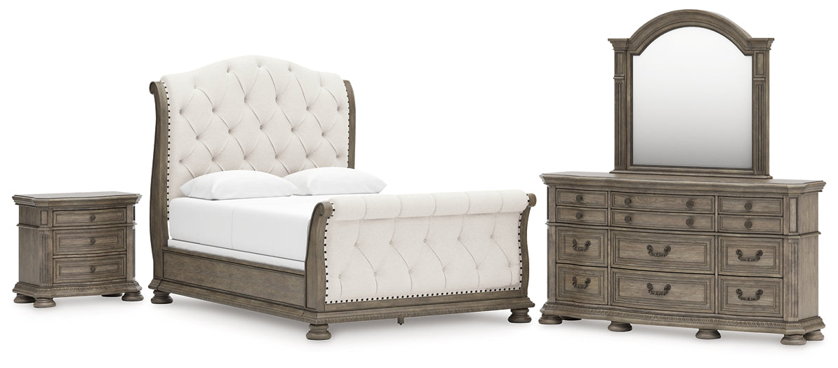 Ardenfield Queen Upholstered Sleigh Bed with Mirrored Dresser and Nightstand