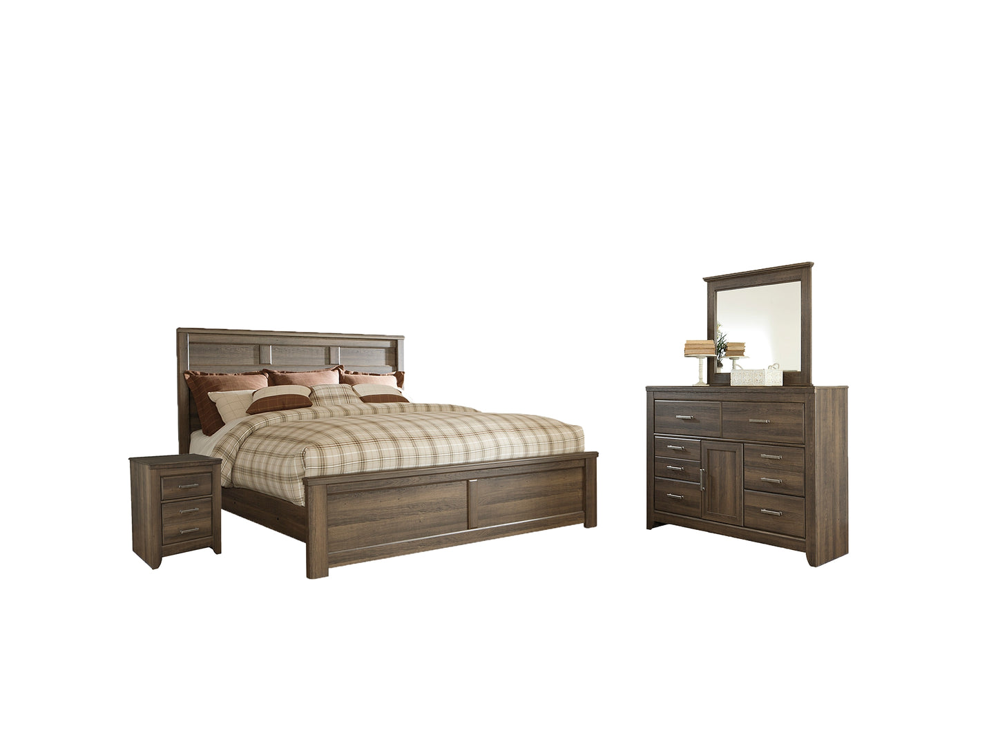 Juararo King Panel Bed with Mirrored Dresser and 2 Nightstands