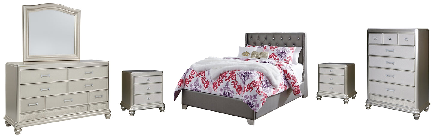 Coralayne Full Upholstered Bed with Mirrored Dresser, Chest and 2 Nightstands