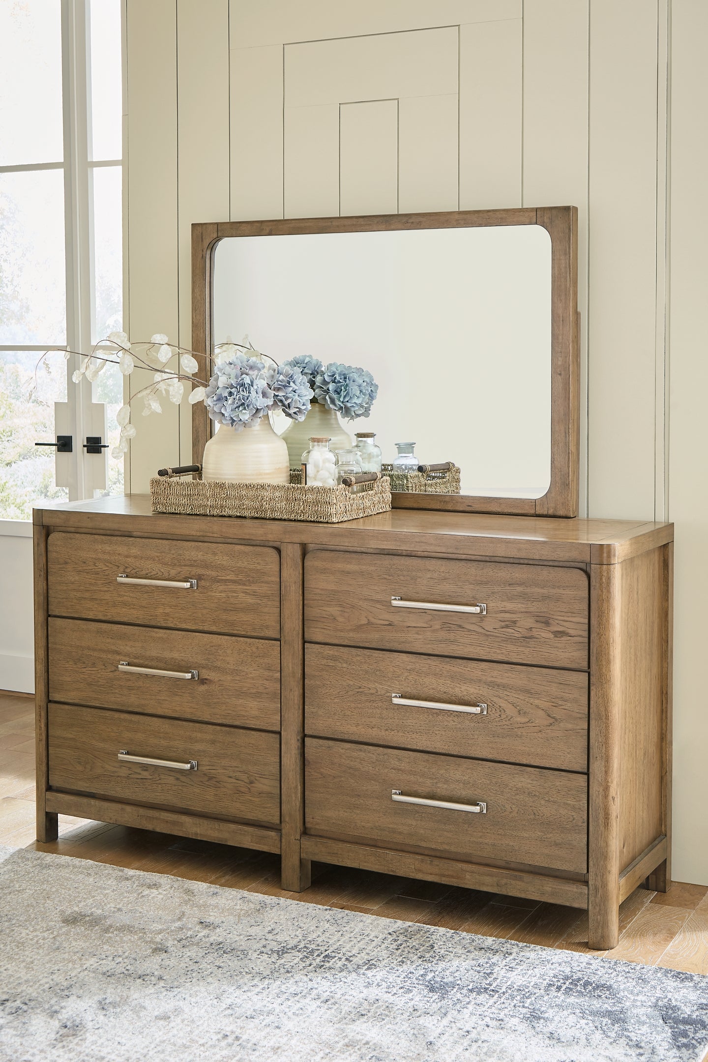 Cabalynn King Panel Bed with Storage with Mirrored Dresser and Chest