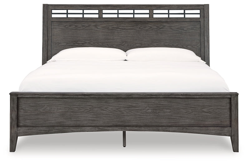 Montillan California King Panel Bed with Mirrored Dresser and Chest